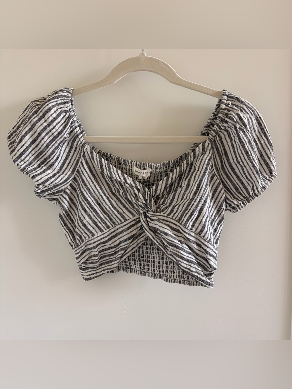 Striped Puff Sleeve Twist-Front Crop Top